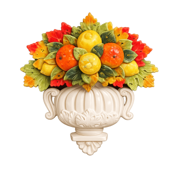 Mediterrane Keramik Wanddekoration mit Früchten und Blättern in klassischer Vase